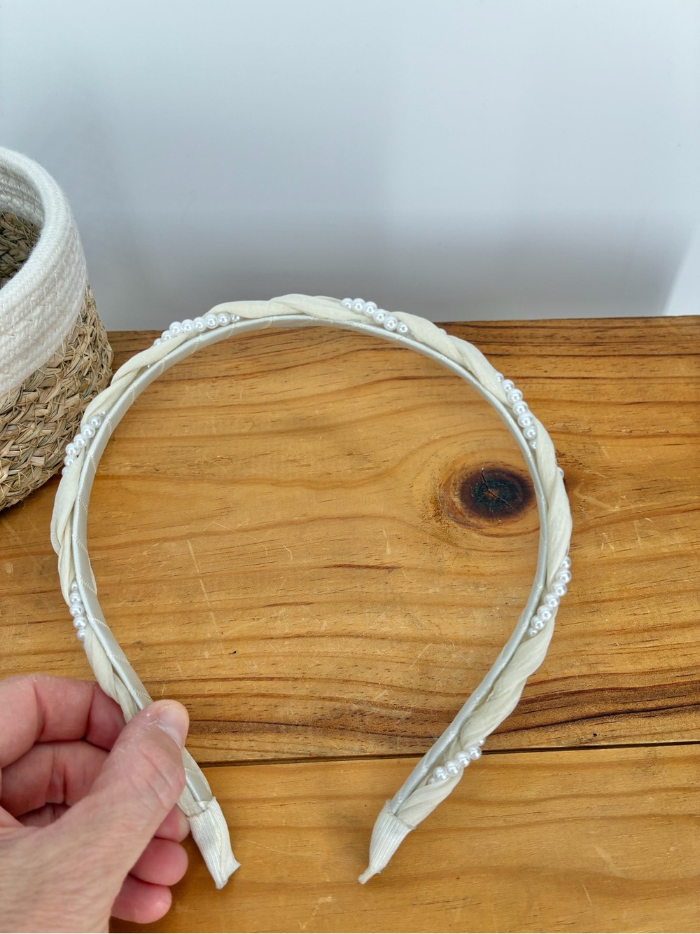 Boutique White Organza Braided Pearl Accent Twist High Crown Skinny Headband - Picture 2 of 5